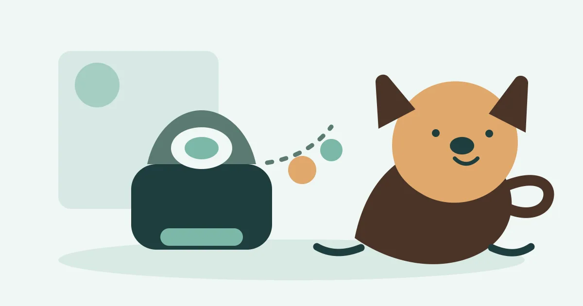 Flat pastel illustration of a dog watching an automatic ball launcher