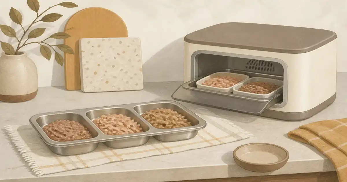 Flat illustration of a refrigerated wet cat feeder and stainless meal tray