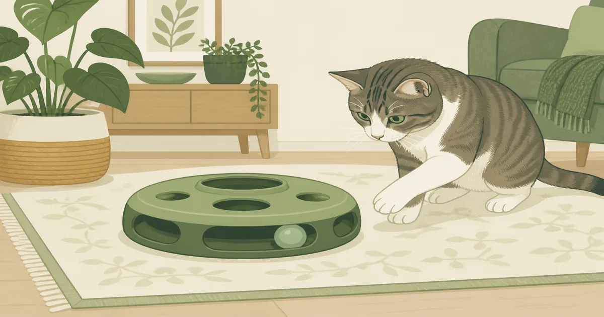Flat pastel illustration of a cat playing with an automatic toy