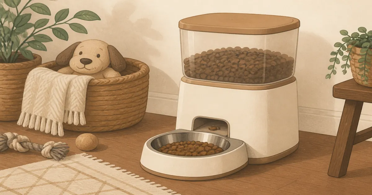 Soft pastel automatic dog feeder and bowl still life