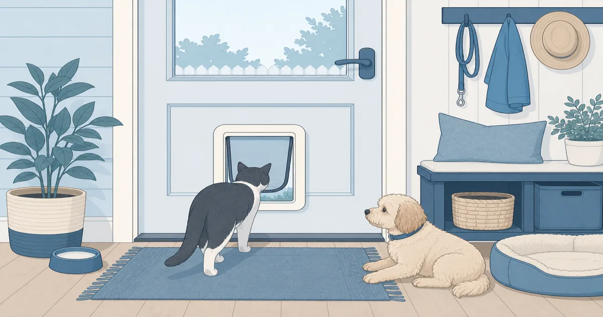 Flat pastel illustration of an automatic pet door in a home entryway