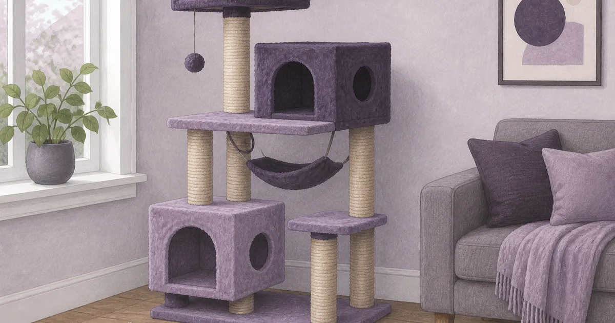 Soft pastel multi-level cat tree still life with sisal posts and perches