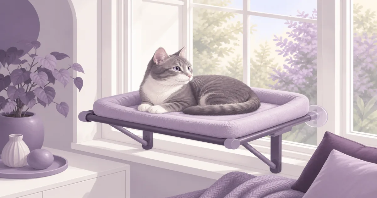 Soft pastel cat window perch still life with a cushioned ledge seat and sunlit window frame on lilac paper