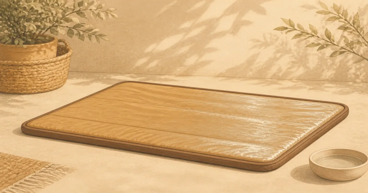 Soft pastel dog cooling gel mat still life on warm sand-colored paper