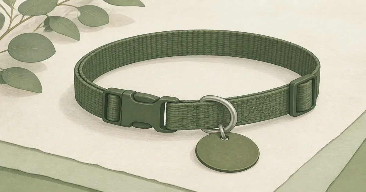 Soft mint pastel still life of a nylon dog collar with metal D-ring and ID tag on cool paper