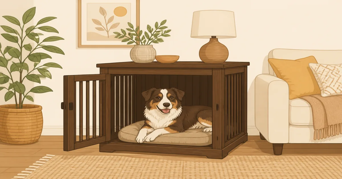 Flat pastel illustration of a wooden furniture-style dog crate