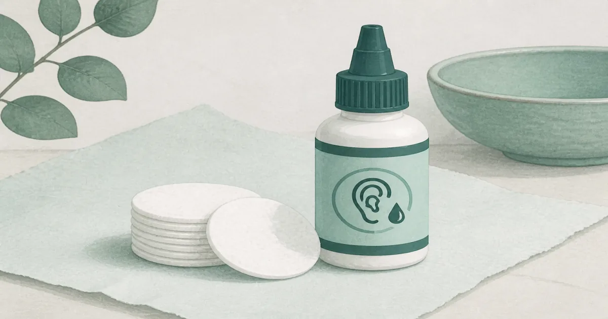 Soft mint pastel still life of a dog ear cleaner bottle and cotton pads on cool paper