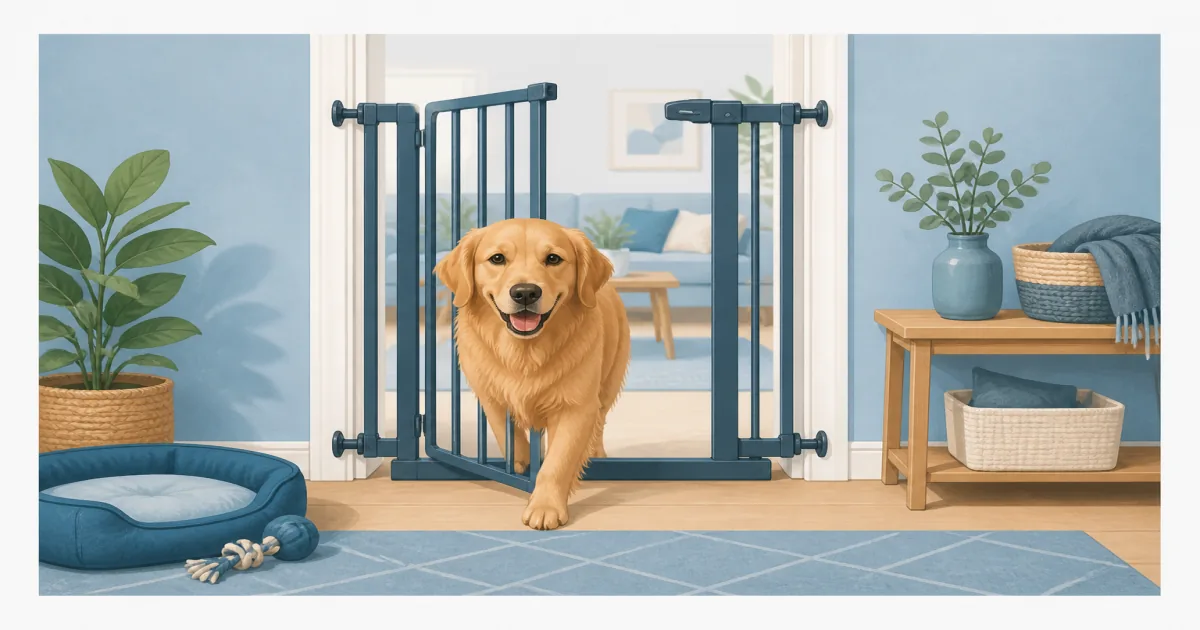 Soft pastel dog gate still life with a walk-through gate and doorway hardware on cool blue paper