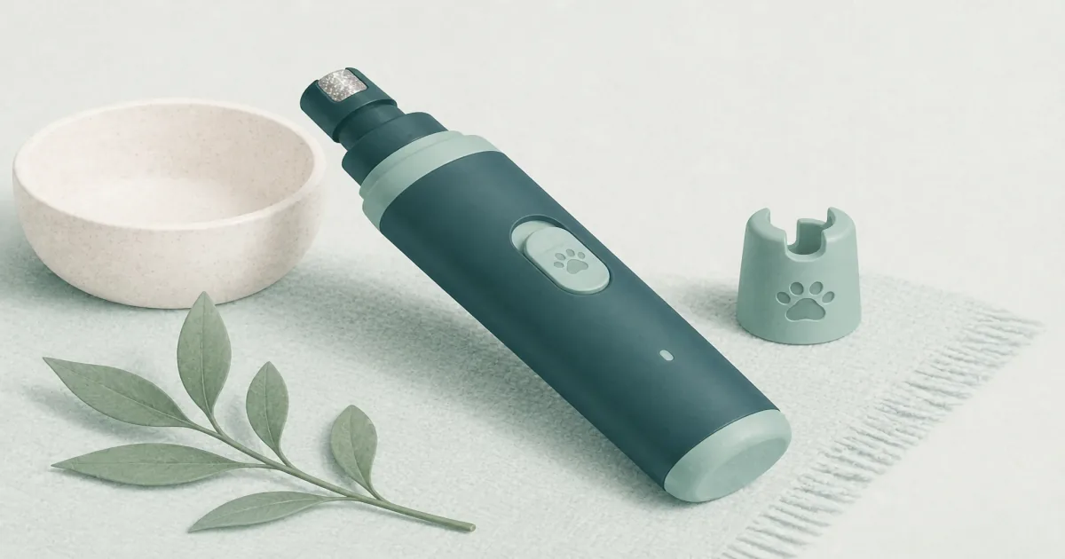 Soft pastel dog nail grinder still life with cordless trimmer and paw guide on mint ice paper