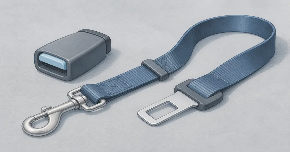 Soft pastel dog car seat belt tether and buckle still life on cool gray paper