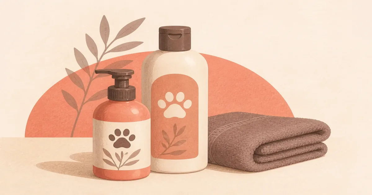 Soft pastel dog shampoo bottles and towel still life on warm paper