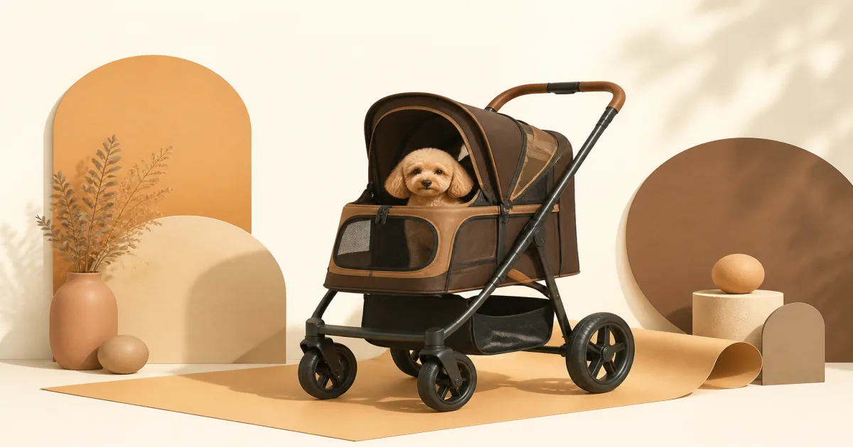 Soft pastel dog stroller still life with large wheels and a zippered pet cabin on honey paper