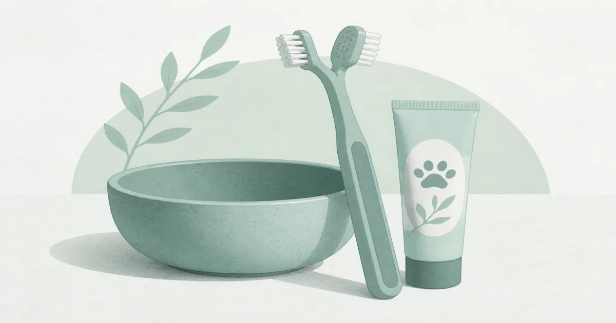 Soft mint pastel dog toothbrush kit still life with dual-head brush and toothpaste on ice paper