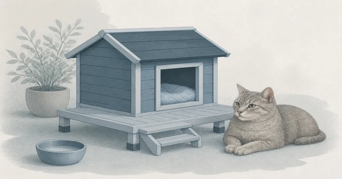 Soft pastel outdoor cat house still life with insulated shelter and raised porch on cool mist paper