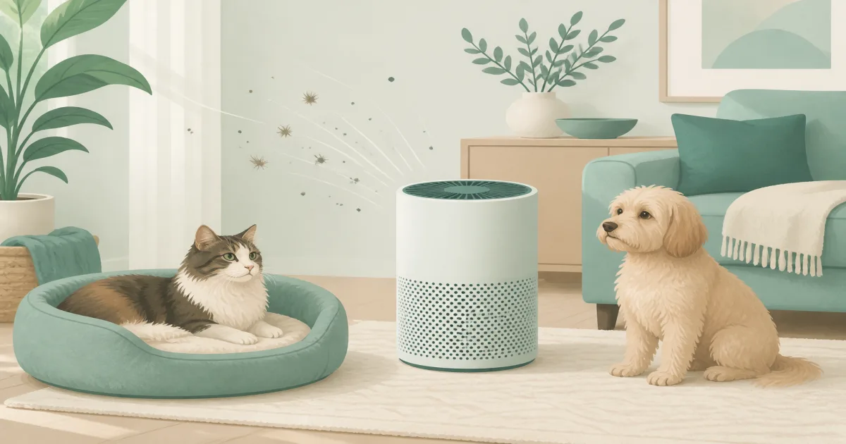 Flat pastel illustration of an air purifier beside a cat bed and dog