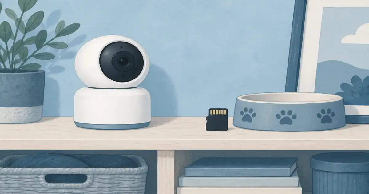 Flat illustration of an indoor pet camera and microSD card