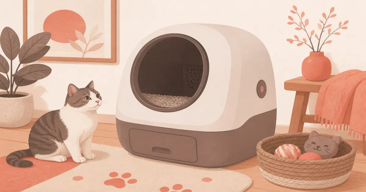 Soft pastel self-cleaning litter box still life on warm paper