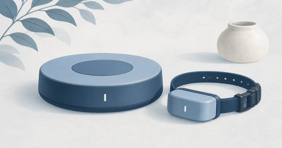 Soft pastel wireless dog fence collar and transmitter still life