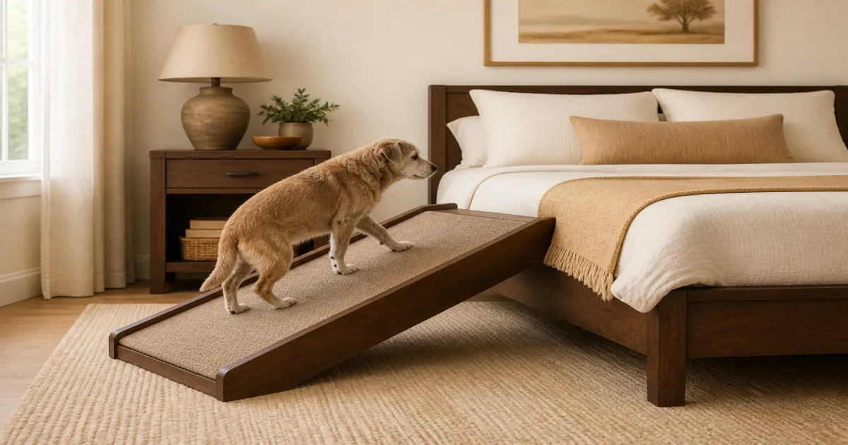 Small senior dog walking up a non-slip wooden ramp to a bed