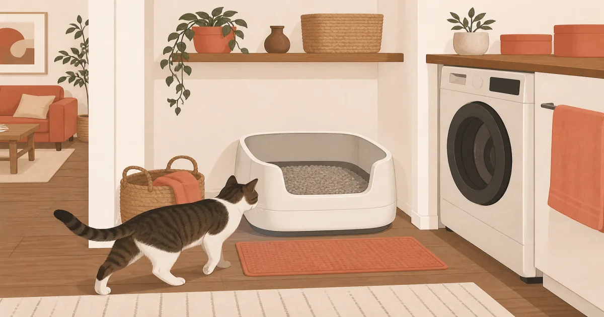 Automatic litter box in a tidy small apartment laundry nook