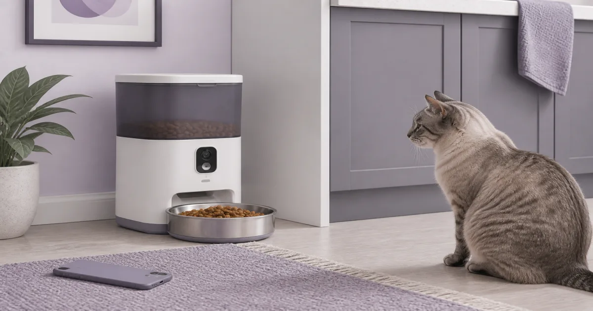 Automatic pet feeder with camera beside a cat in a kitchen