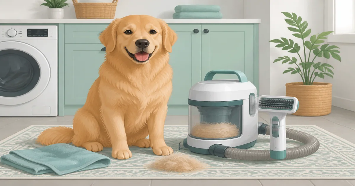 Golden dog beside a pet grooming vacuum and brush attachment