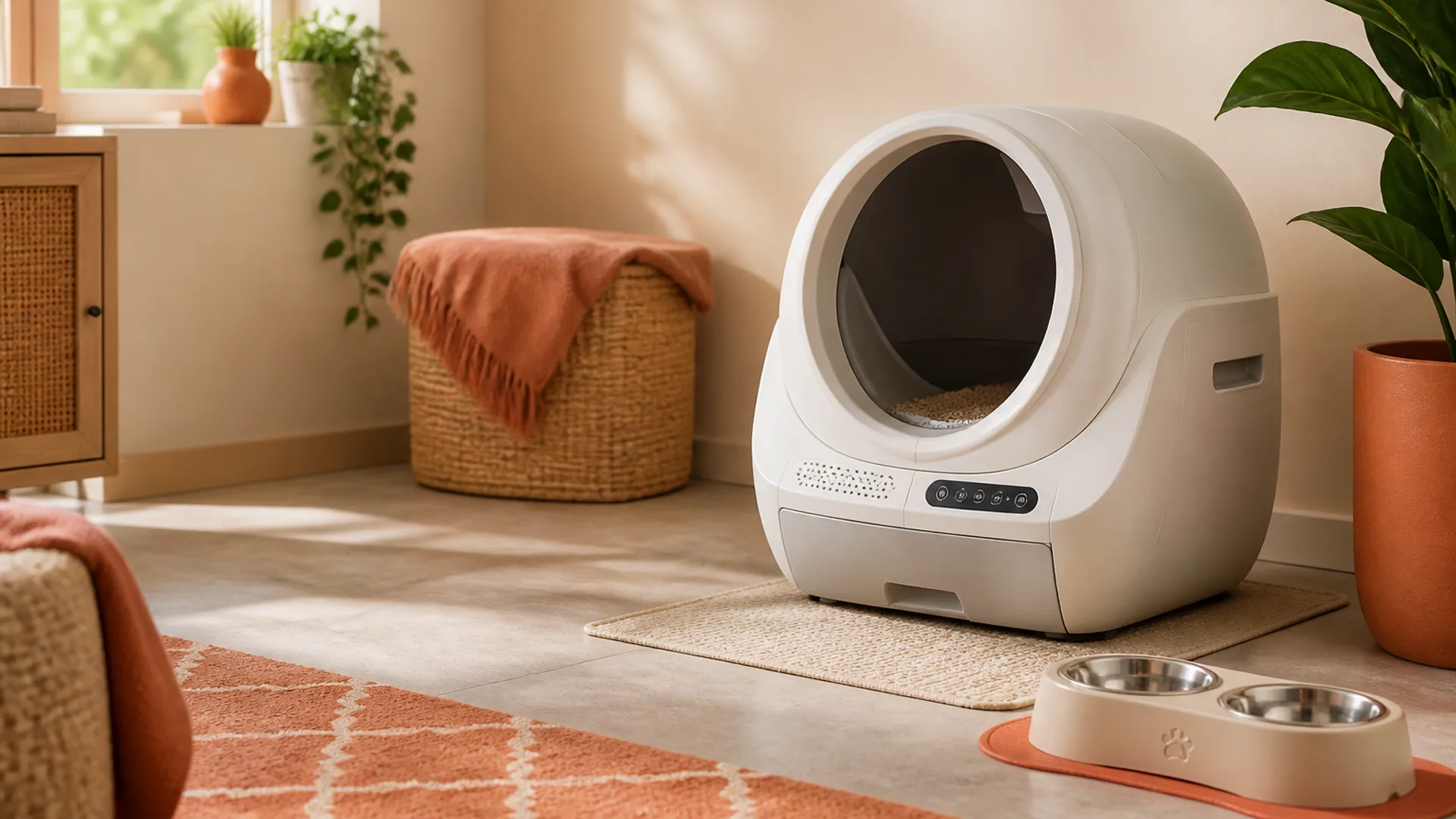 Automatic litter box and pet bowl silhouette in warm coral tones
